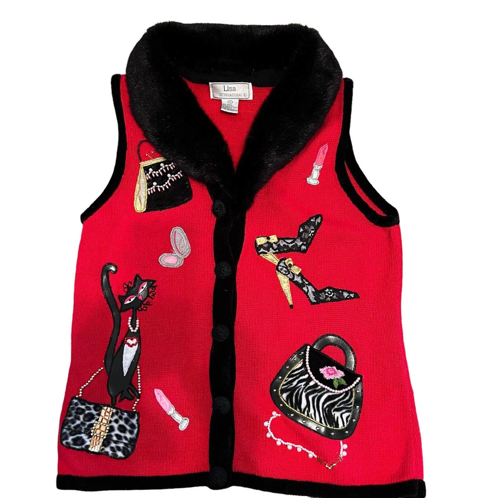 Lisa International Womens Embroidered Cat Purse Red Sweater Vest Pearls Lace S